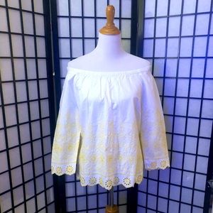 White/yellow lace embroidery blouse by Talbots